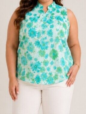 Green Floral Mock Neck Sleeveless Blue 90s Vibes Chinese Top 16W